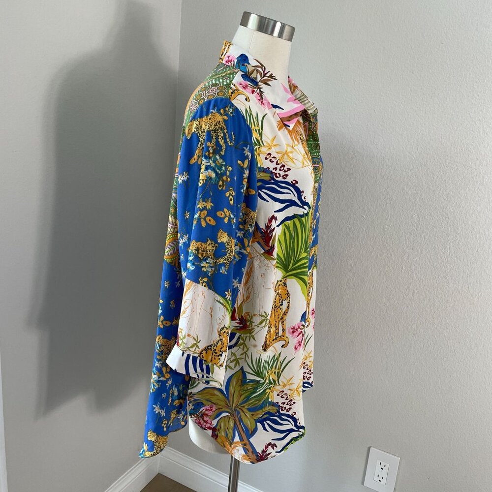 Rose + Olive Womens Plus 1X Tropical Leopard Animal Print Button Up Shirt Blouse - Picture 3 of 12